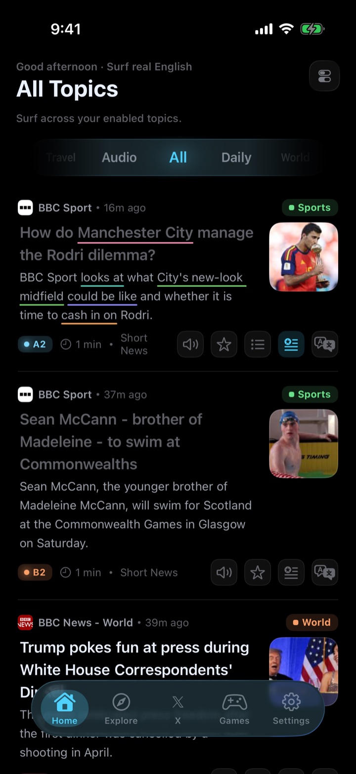 Language chunks highlighted with colored underlines in an article