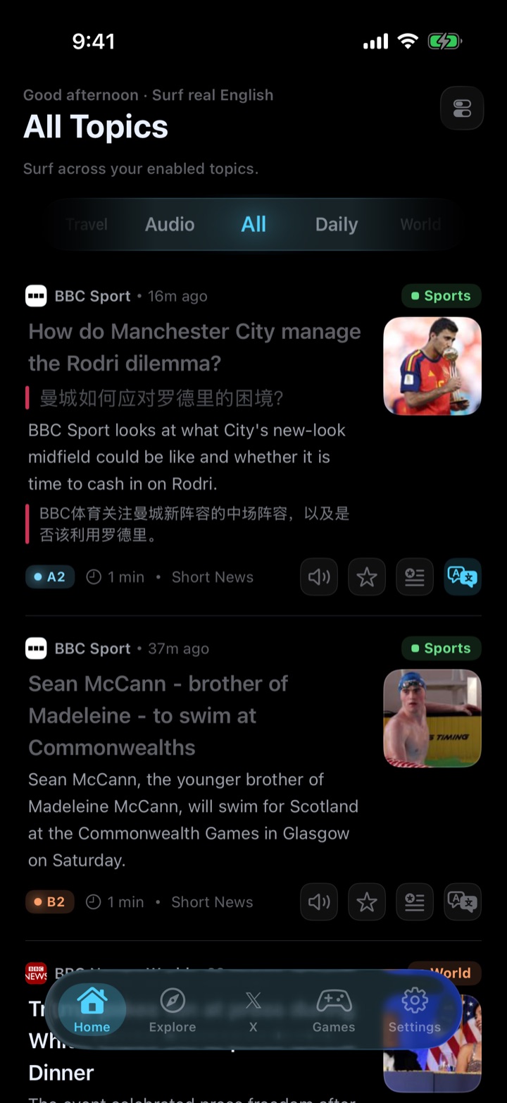 Inline sentence translation inside the SurfEnglish feed