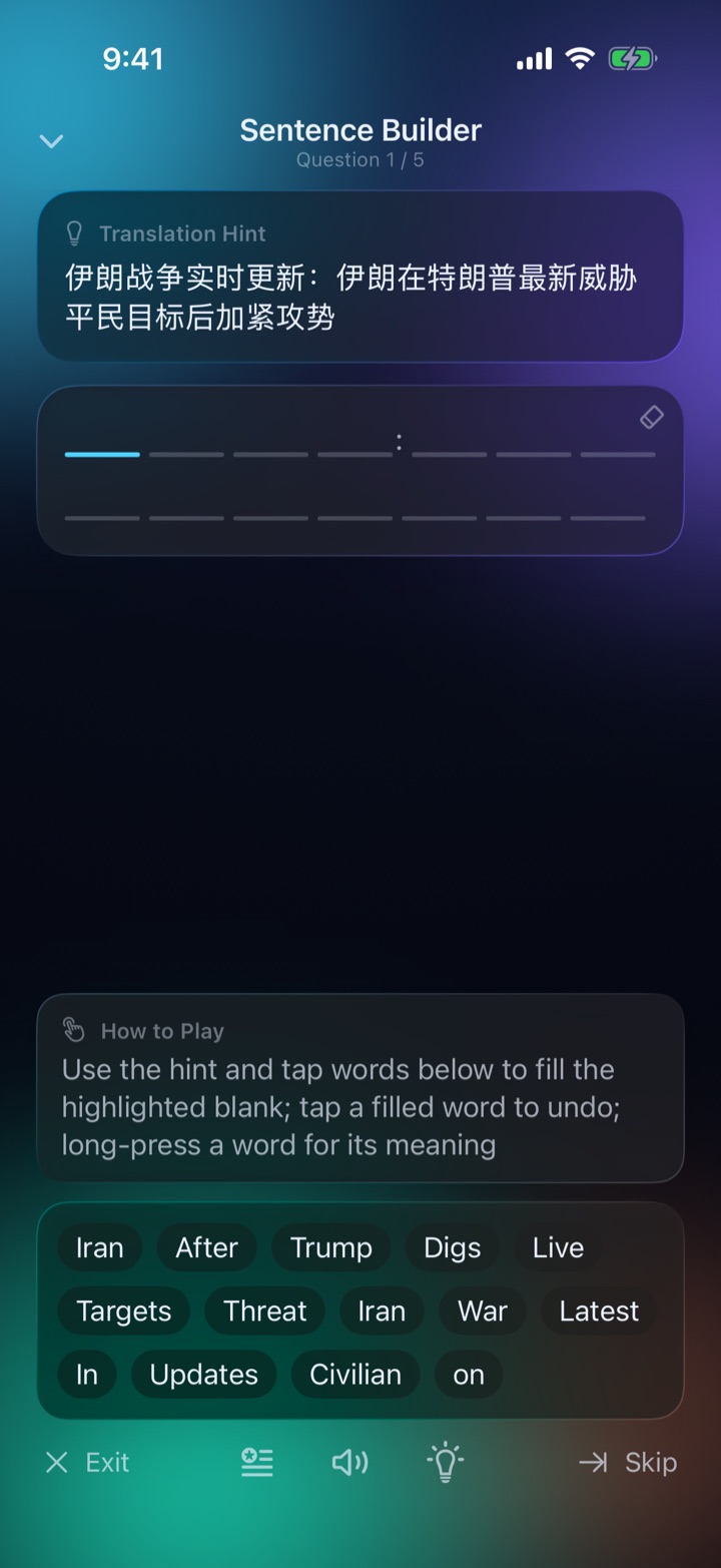 Sentence Builder game in SurfEnglish