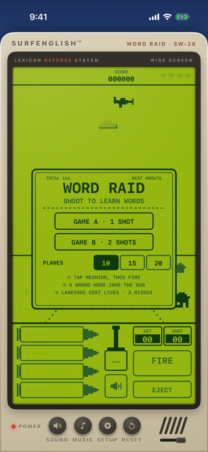Word Raid retro arcade game in SurfEnglish