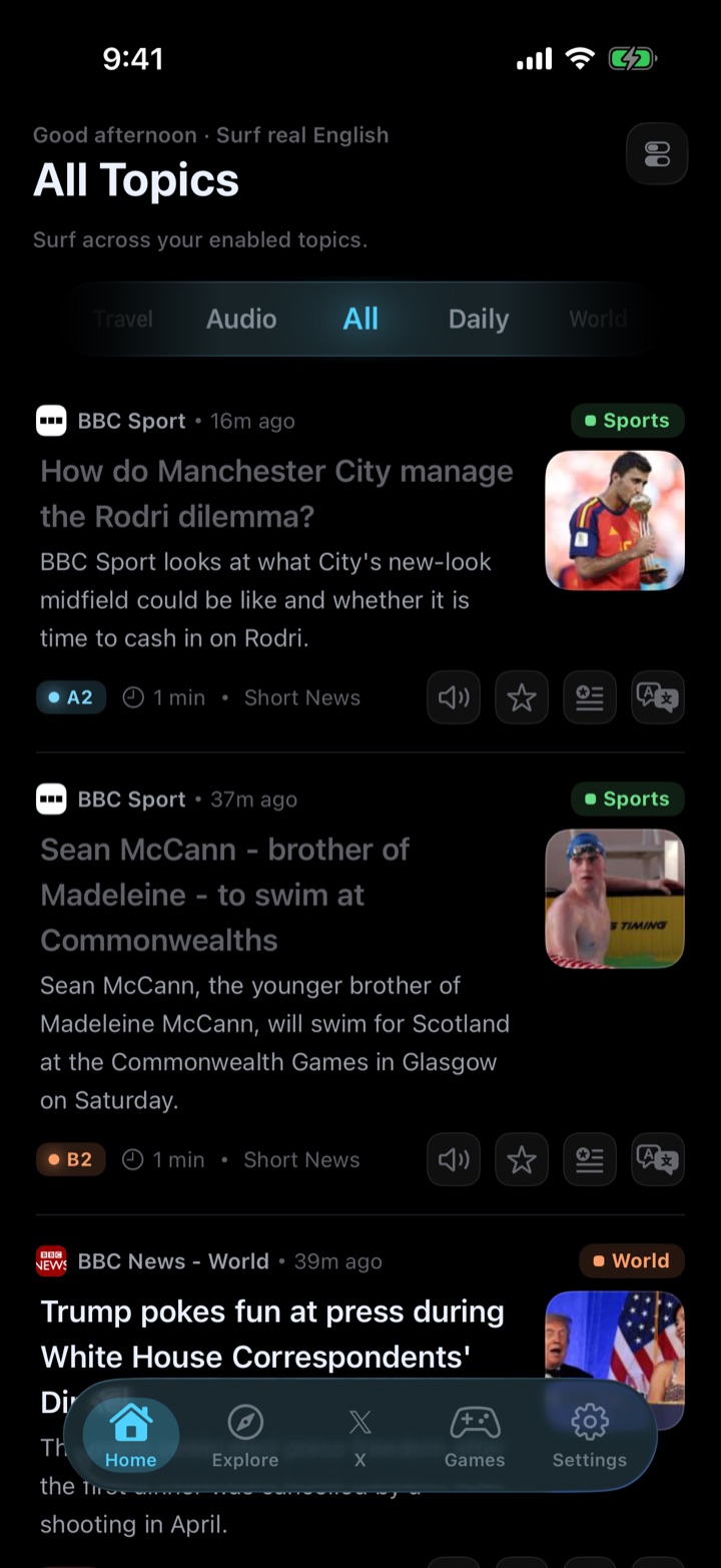 SurfEnglish home feed showing real English news articles with difficulty levels